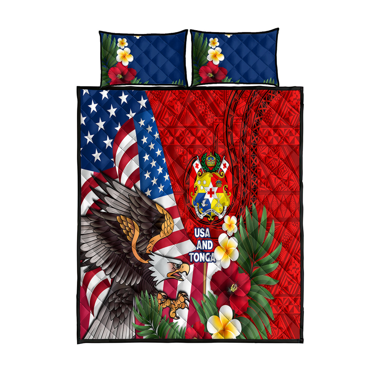 United States And Tonga Quilt Bed Set USA Flag Eagle Mix Tongan Coat Of Arms Ngatu Pattern LT14 Blue - Polynesian Pride