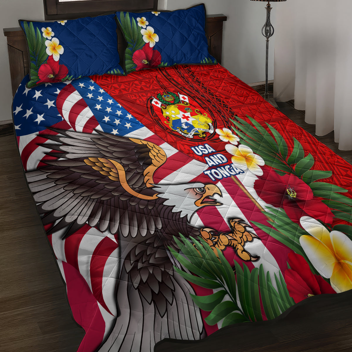 United States And Tonga Quilt Bed Set USA Flag Eagle Mix Tongan Coat Of Arms Ngatu Pattern LT14 - Polynesian Pride