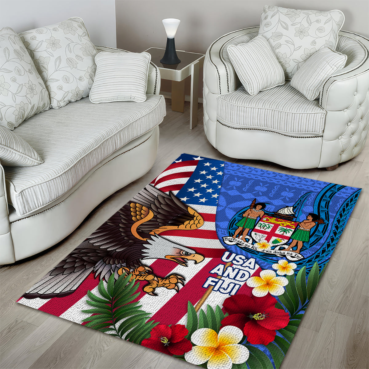 United States And Fiji Area Rug USA Flag Eagle Mix Fijian Coat Of Arms Tapa Pattern LT14 - Polynesian Pride