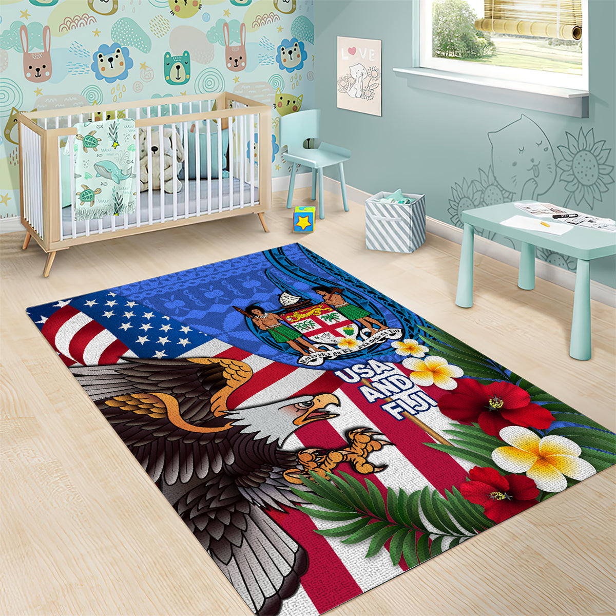 United States And Fiji Area Rug USA Flag Eagle Mix Fijian Coat Of Arms Tapa Pattern LT14 - Polynesian Pride