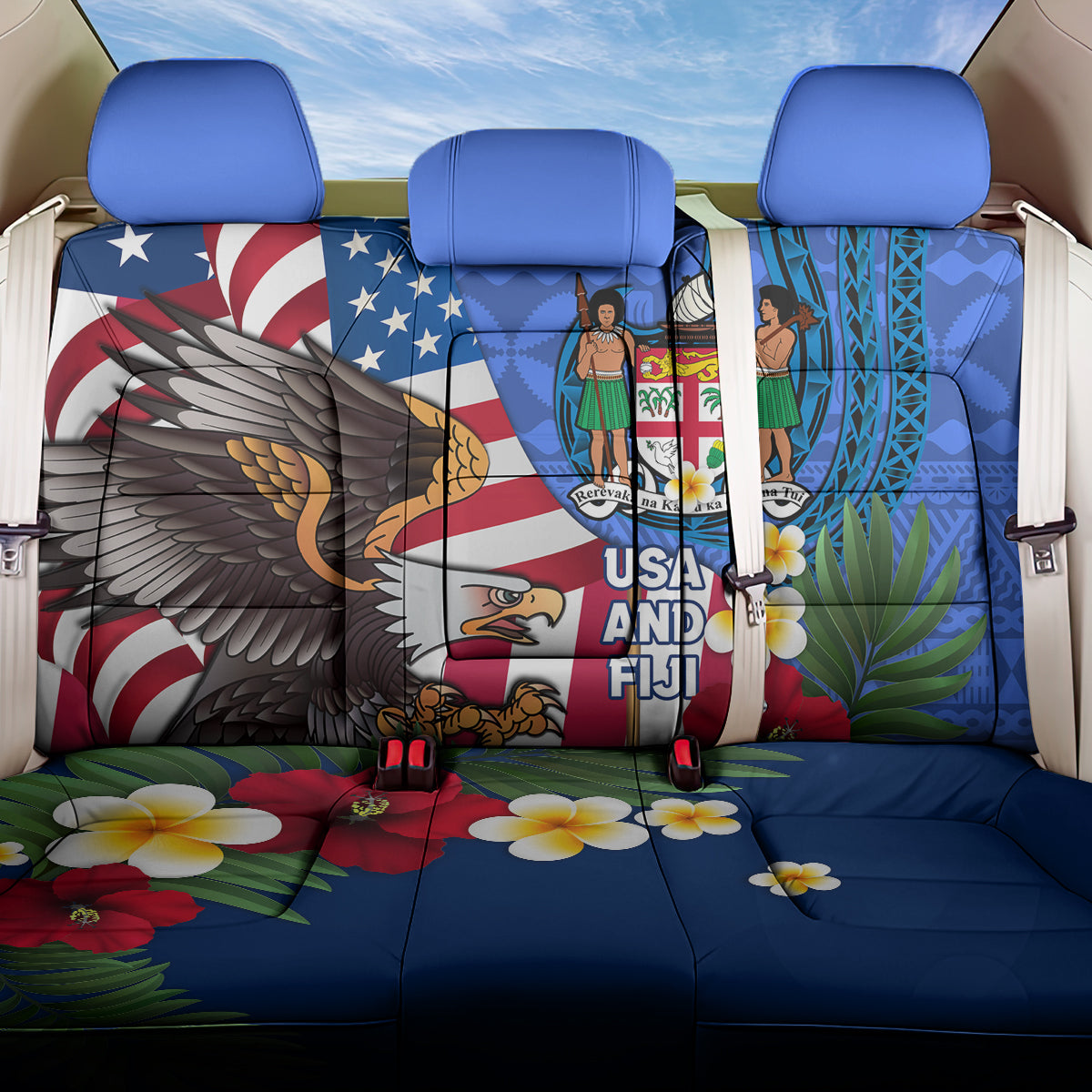 United States And Fiji Back Car Seat Cover USA Flag Eagle Mix Fijian Coat Of Arms Tapa Pattern LT14 One Size Blue - Polynesian Pride