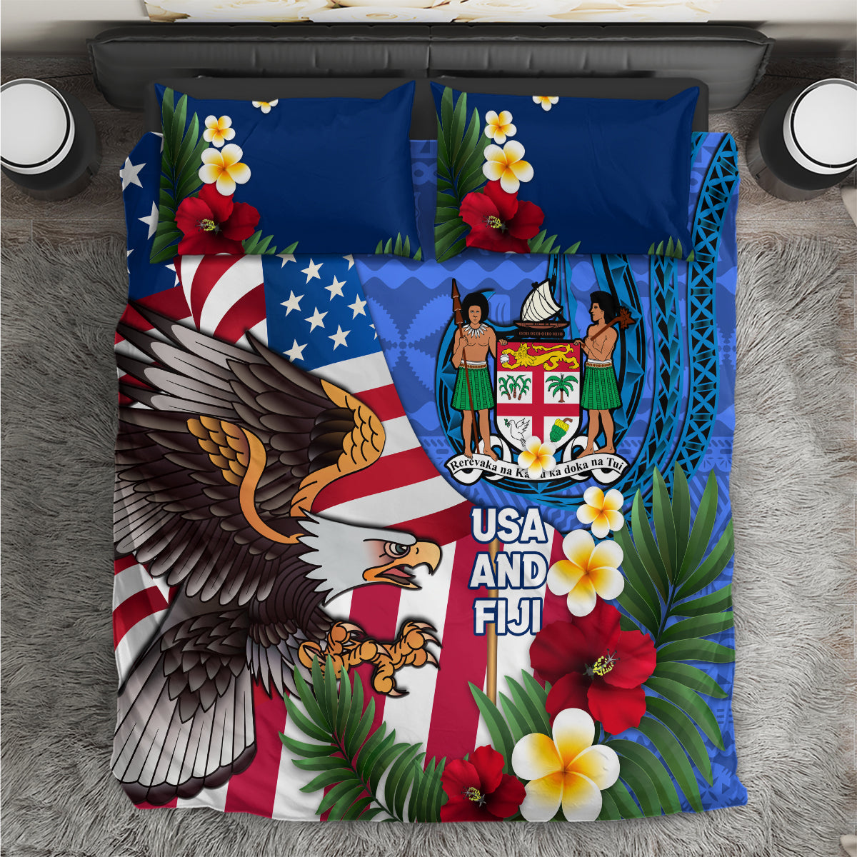United States And Fiji Bedding Set USA Flag Eagle Mix Fijian Coat Of Arms Tapa Pattern LT14 Blue - Polynesian Pride