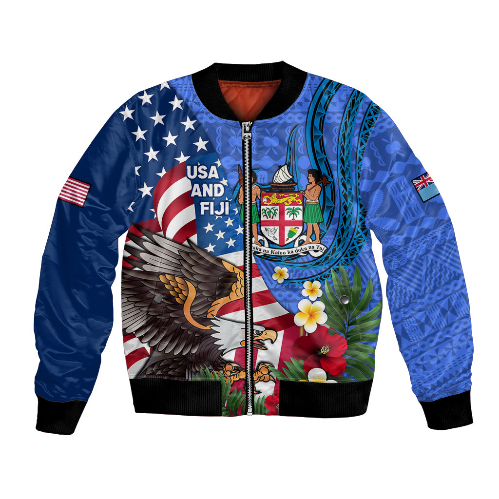 United States And Fiji Bomber Jacket USA Flag Eagle Mix Fijian Coat Of Arms Tapa Pattern LT14 Unisex Blue - Polynesian Pride