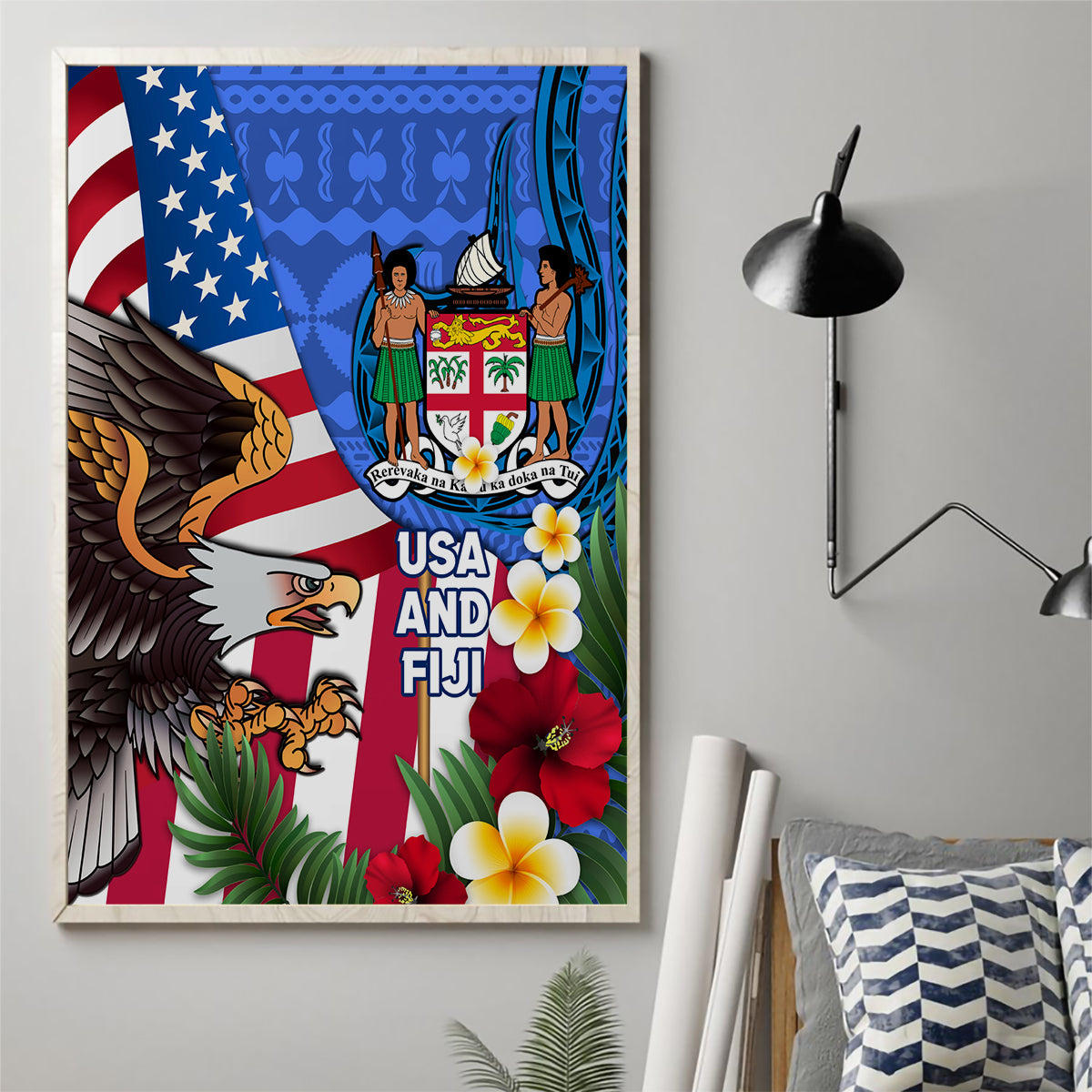 United States And Fiji Canvas Wall Art USA Flag Eagle Mix Fijian Coat Of Arms Tapa Pattern LT14 - Polynesian Pride