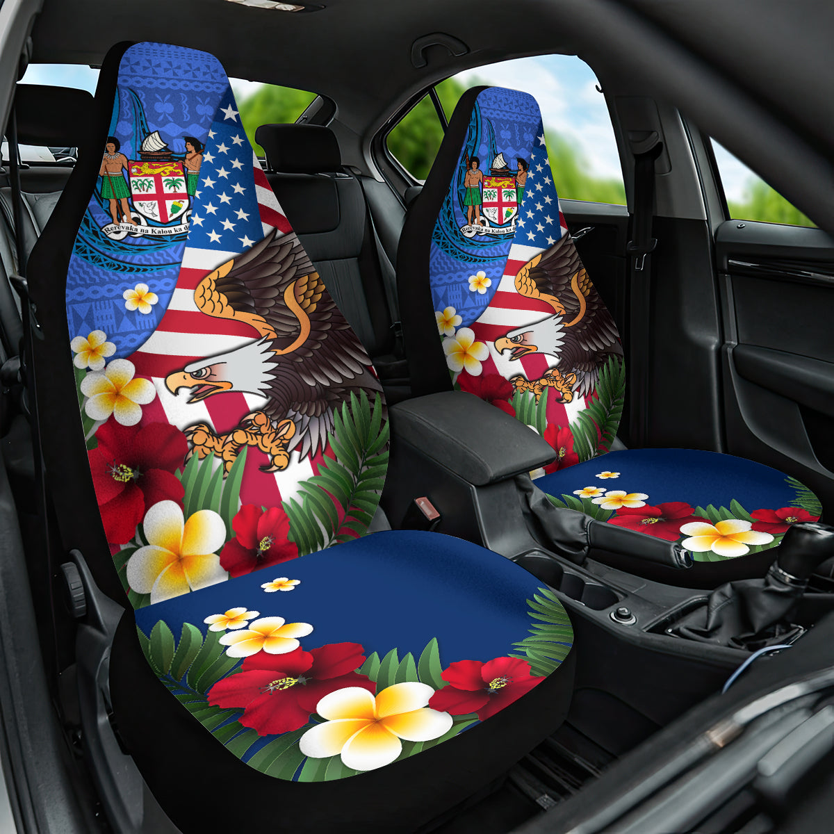 United States And Fiji Car Seat Cover USA Flag Eagle Mix Fijian Coat Of Arms Tapa Pattern LT14 One Size Blue - Polynesian Pride