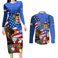 United States And Fiji Couples Matching Long Sleeve Bodycon Dress and Long Sleeve Button Shirt USA Flag Eagle Mix Fijian Coat Of Arms Tapa Pattern LT14 Blue - Polynesian Pride