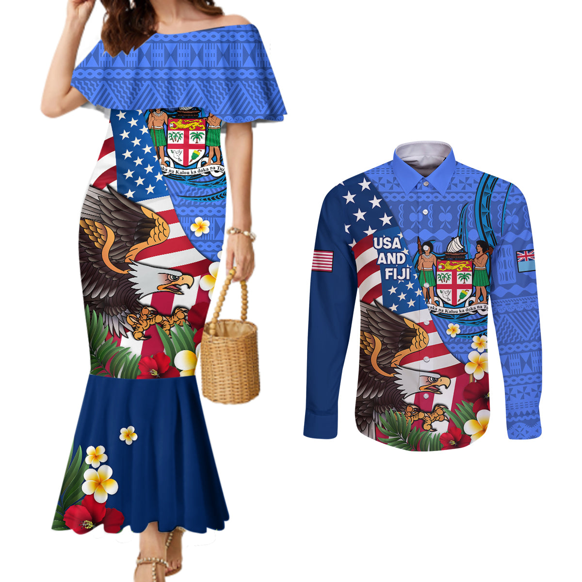 United States And Fiji Couples Matching Mermaid Dress and Long Sleeve Button Shirt USA Flag Eagle Mix Fijian Coat Of Arms Tapa Pattern LT14 Blue - Polynesian Pride