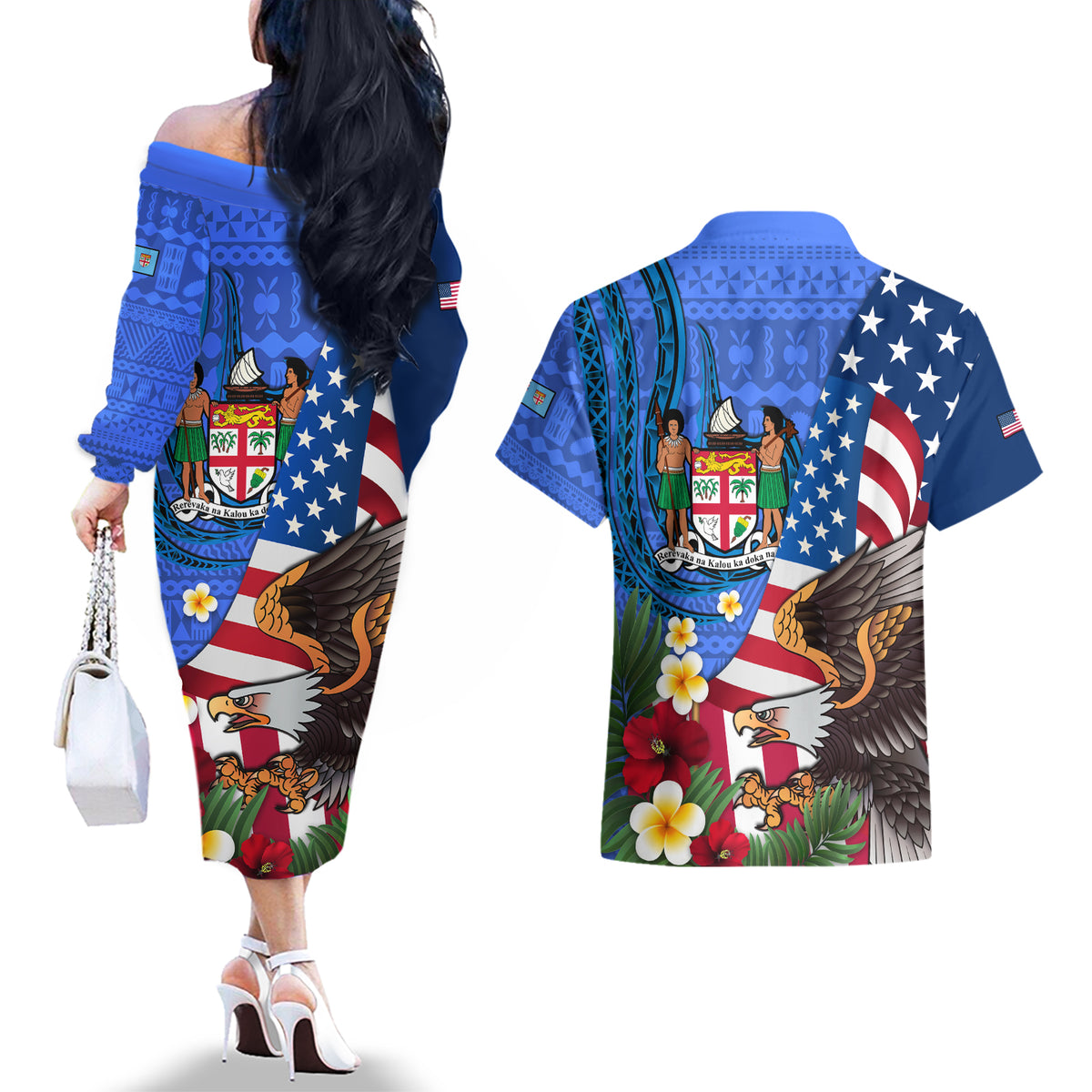 United States And Fiji Couples Matching Off The Shoulder Long Sleeve Dress and Hawaiian Shirt USA Flag Eagle Mix Fijian Coat Of Arms Tapa Pattern LT14 - Polynesian Pride