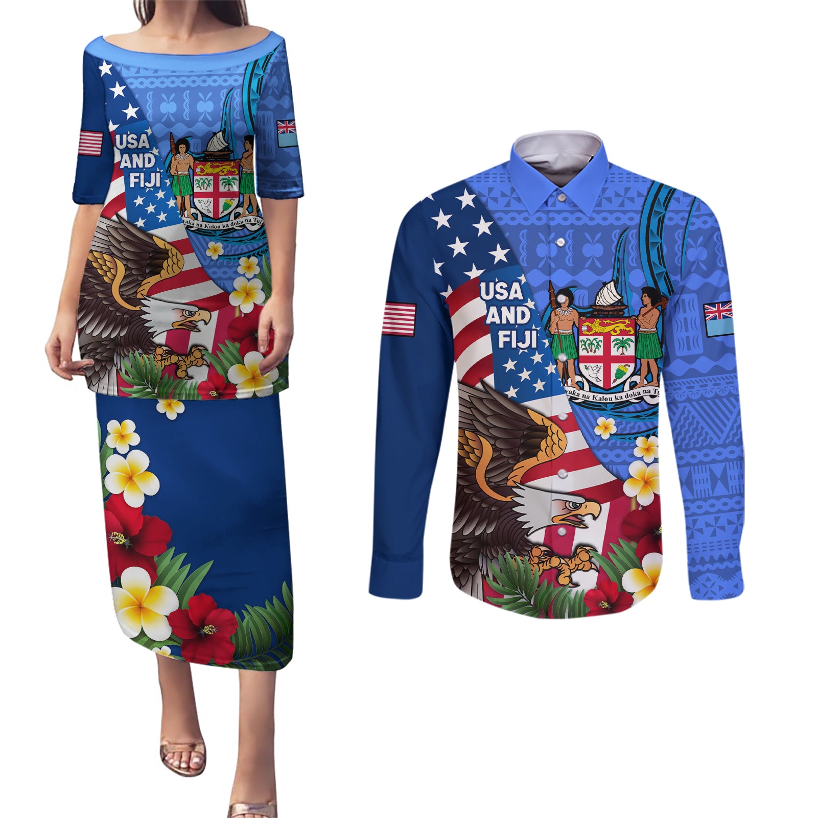 United States And Fiji Couples Matching Puletasi Dress and Long Sleeve Button Shirt USA Flag Eagle Mix Fijian Coat Of Arms Tapa Pattern LT14 Blue - Polynesian Pride