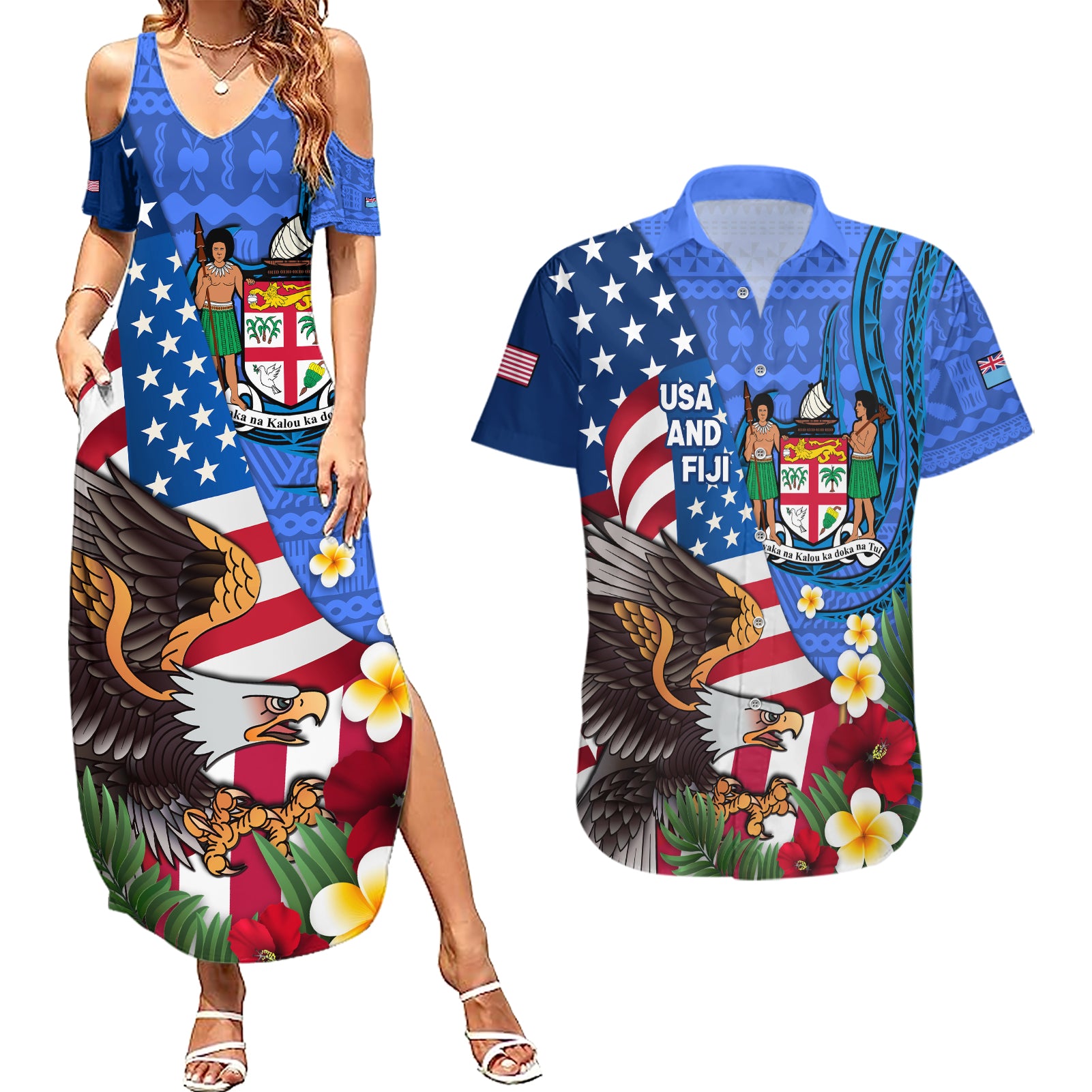 United States And Fiji Couples Matching Summer Maxi Dress and Hawaiian Shirt USA Flag Eagle Mix Fijian Coat Of Arms Tapa Pattern LT14 Blue - Polynesian Pride