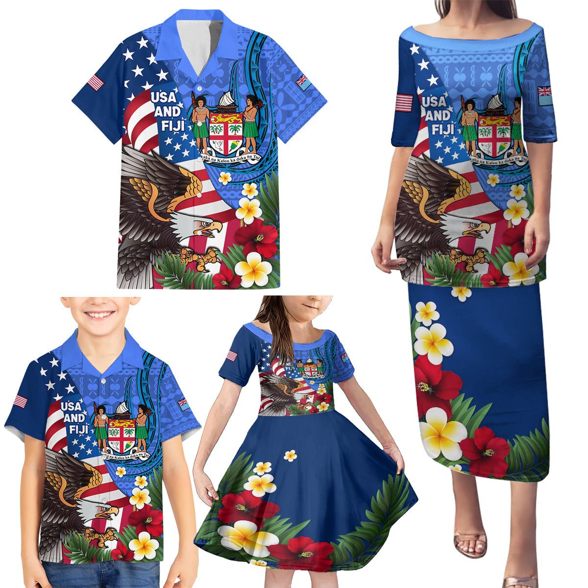 United States And Fiji Family Matching Puletasi Dress and Hawaiian Shirt USA Flag Eagle Mix Fijian Coat Of Arms Tapa Pattern LT14 - Polynesian Pride