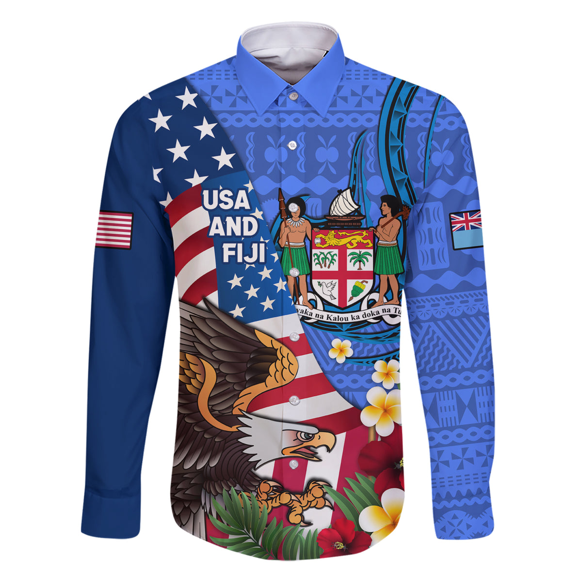 United States And Fiji Family Matching Short Sleeve Bodycon Dress and Hawaiian Shirt USA Flag Eagle Mix Fijian Coat Of Arms Tapa Pattern LT14 Dad's Shirt - Long Sleeve Blue - Polynesian Pride