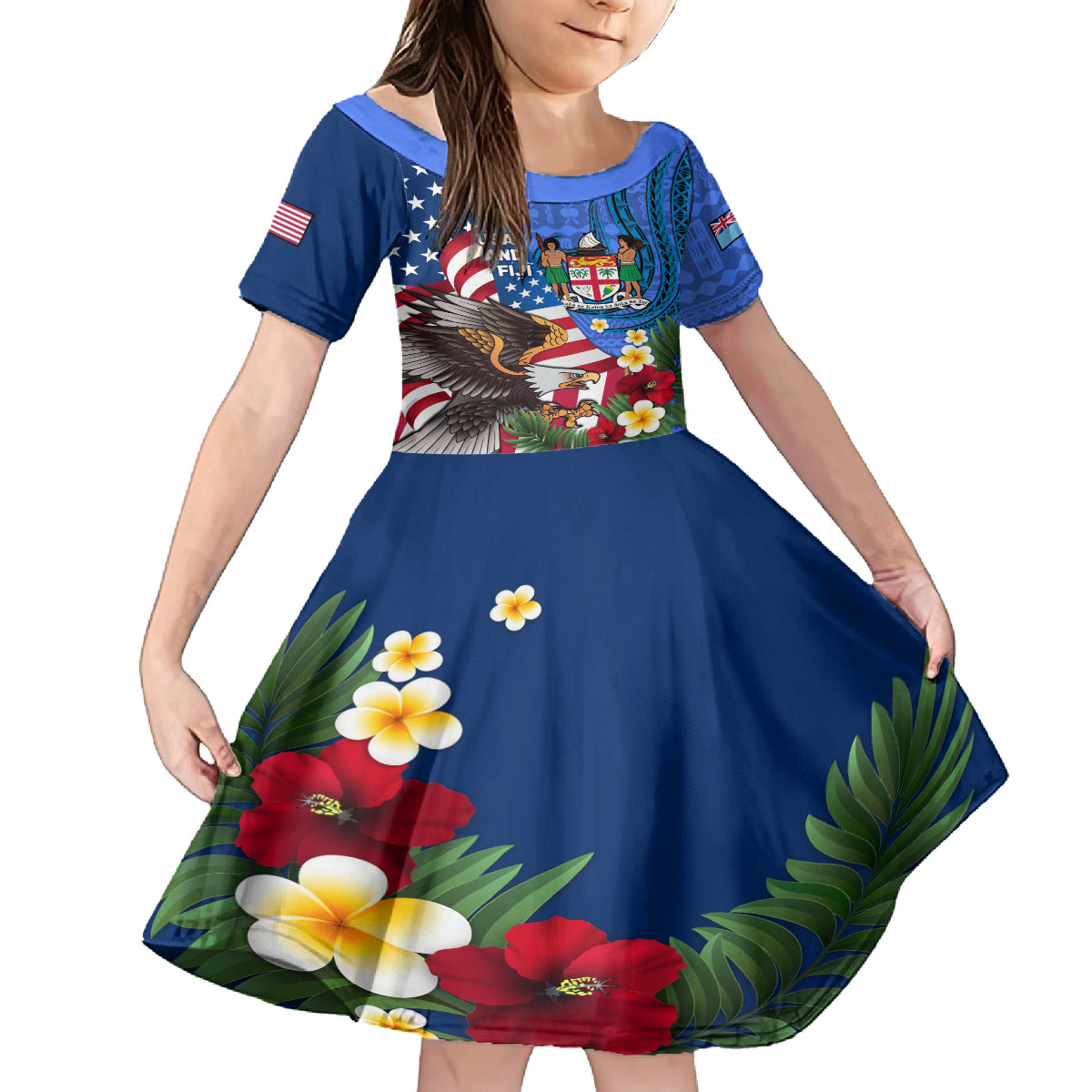 United States And Fiji Kid Short Sleeve Dress USA Flag Eagle Mix Fijian Coat Of Arms Tapa Pattern LT14 KID Blue - Polynesian Pride