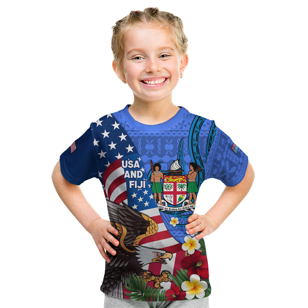 United States And Fiji Kid T Shirt USA Flag Eagle Mix Fijian Coat Of Arms Tapa Pattern LT14 Blue - Polynesian Pride