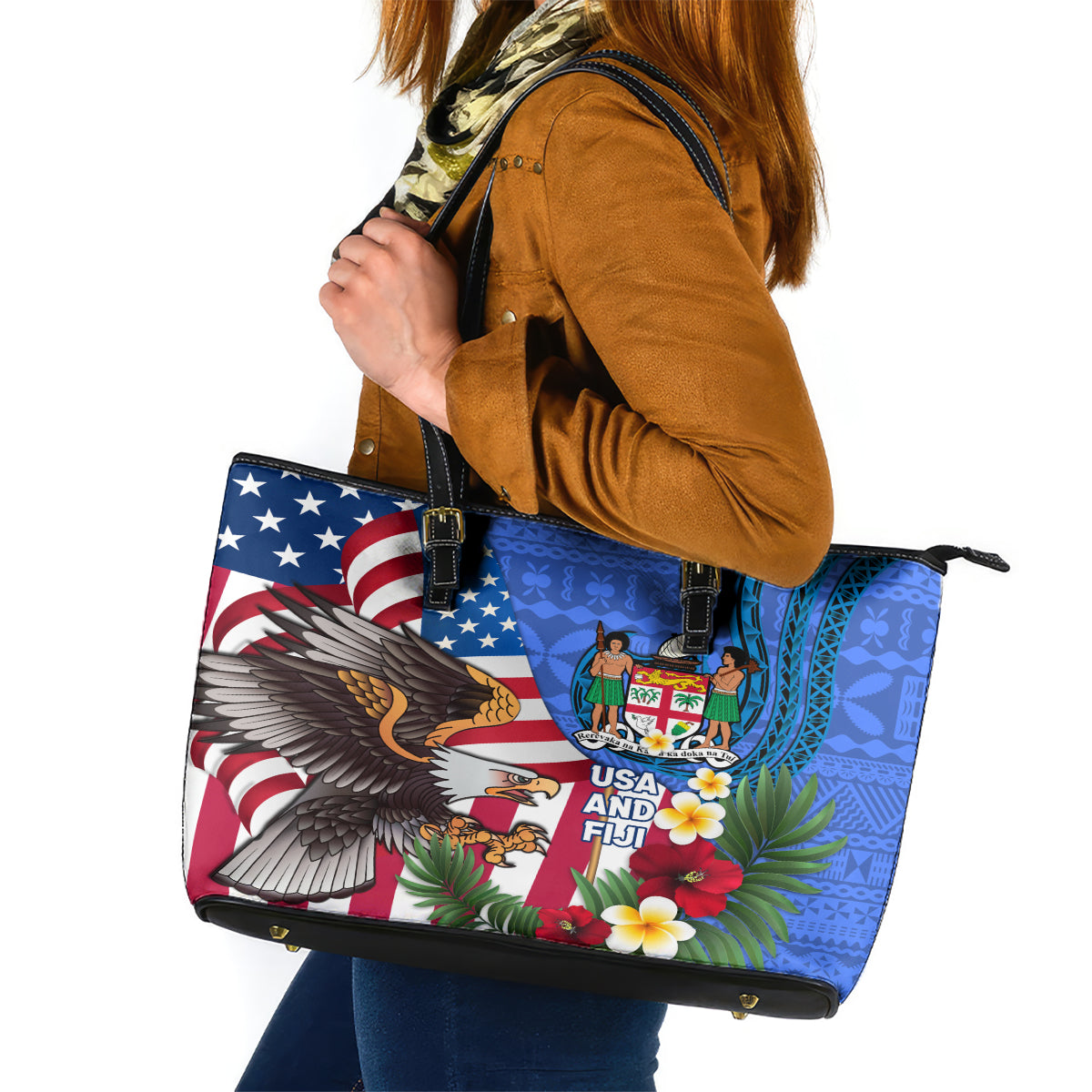United States And Fiji Leather Tote Bag USA Flag Eagle Mix Fijian Coat Of Arms Tapa Pattern LT14 Blue - Polynesian Pride