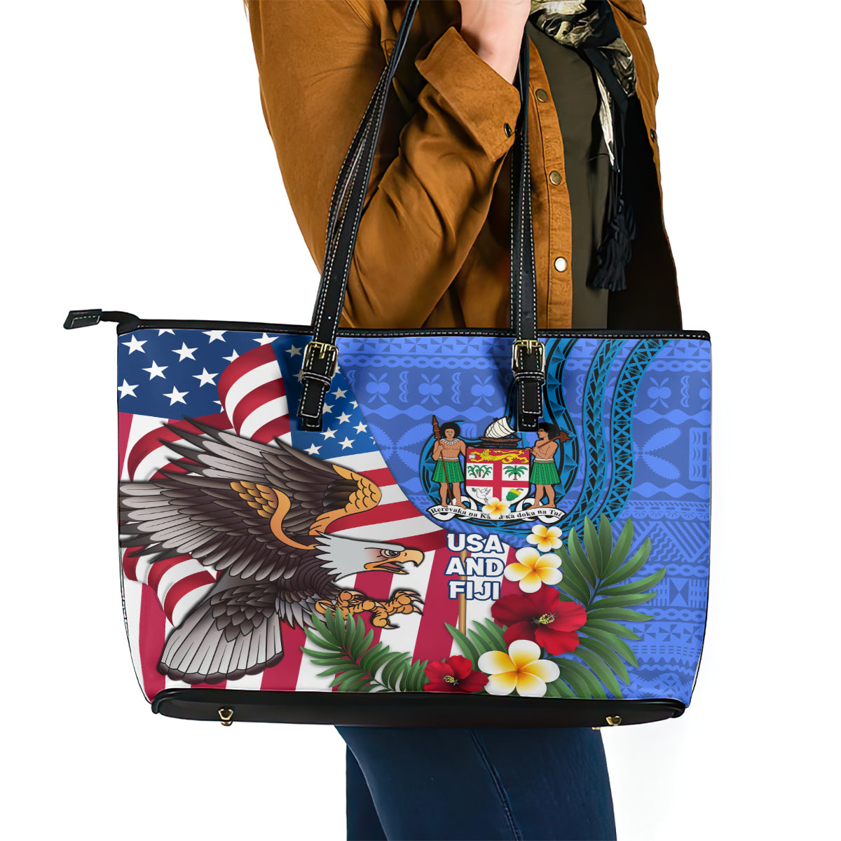 United States And Fiji Leather Tote Bag USA Flag Eagle Mix Fijian Coat Of Arms Tapa Pattern LT14 - Polynesian Pride