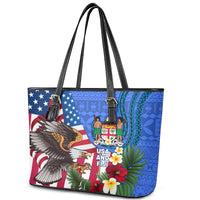 United States And Fiji Leather Tote Bag USA Flag Eagle Mix Fijian Coat Of Arms Tapa Pattern LT14 - Polynesian Pride