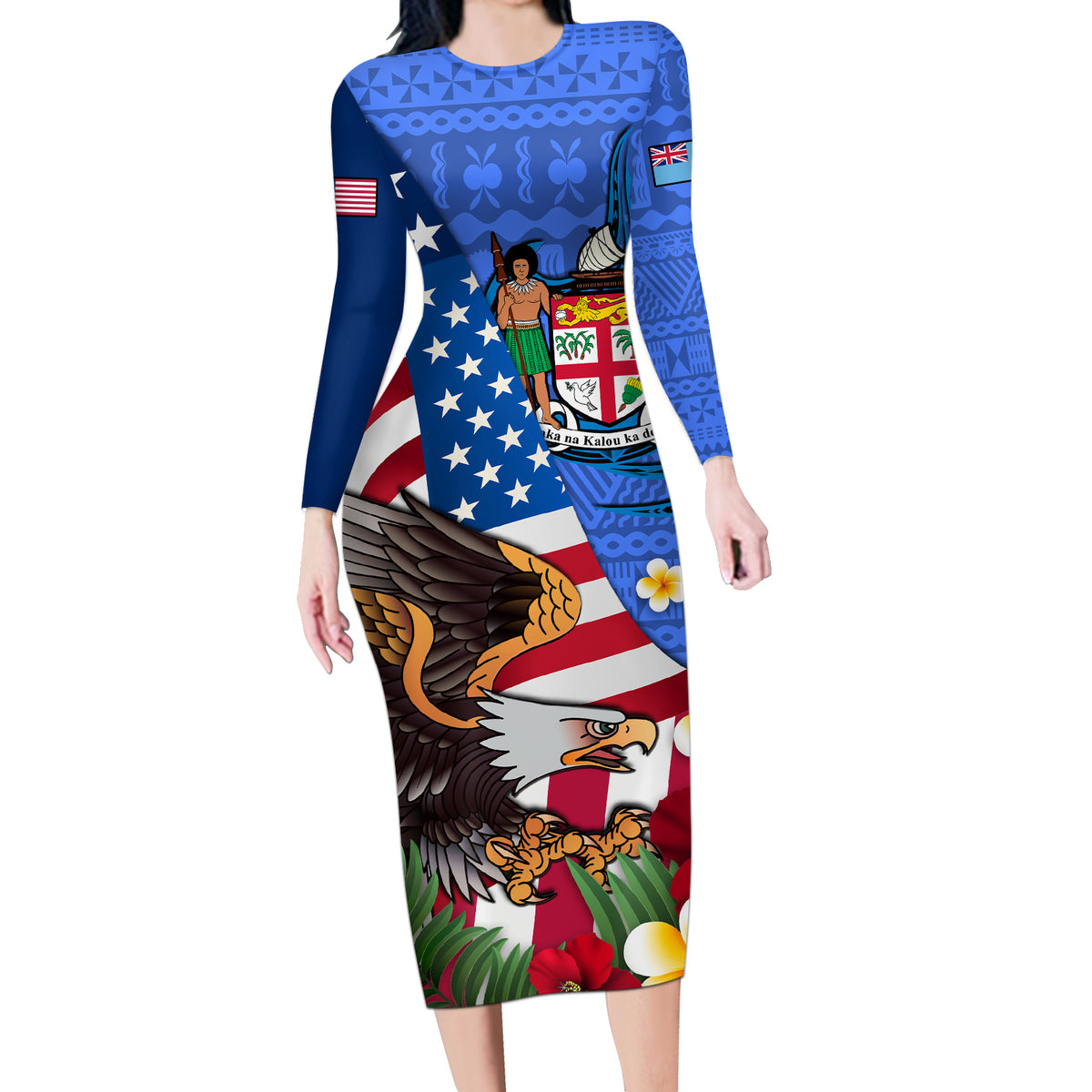 United States And Fiji Long Sleeve Bodycon Dress USA Flag Eagle Mix Fi - Polynesian Pride United States And Fiji Long Sleeve Bodycon Dress USA Flag Eagle Mix Fi - Polynesian Pride