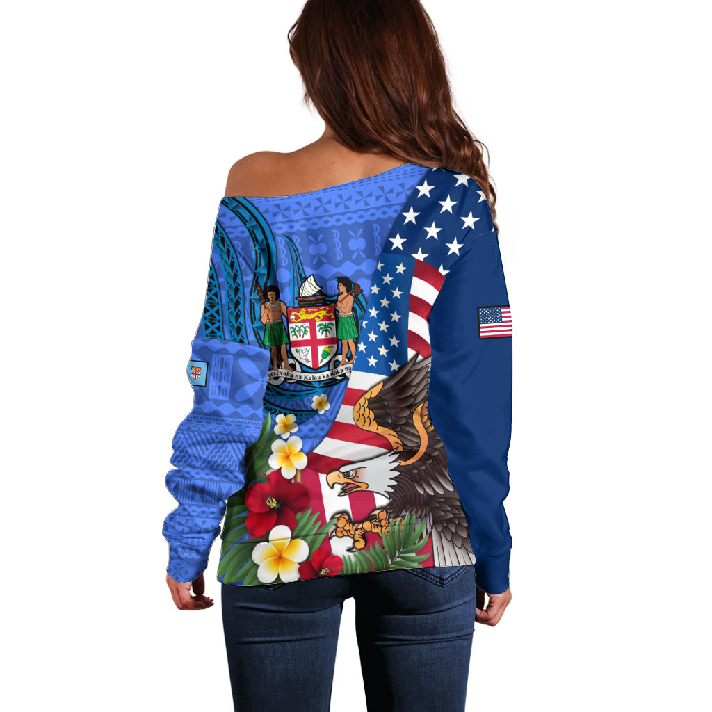 United States And Fiji Off Shoulder Sweater USA Flag Eagle Mix Fijian Coat Of Arms Tapa Pattern LT14 - Polynesian Pride