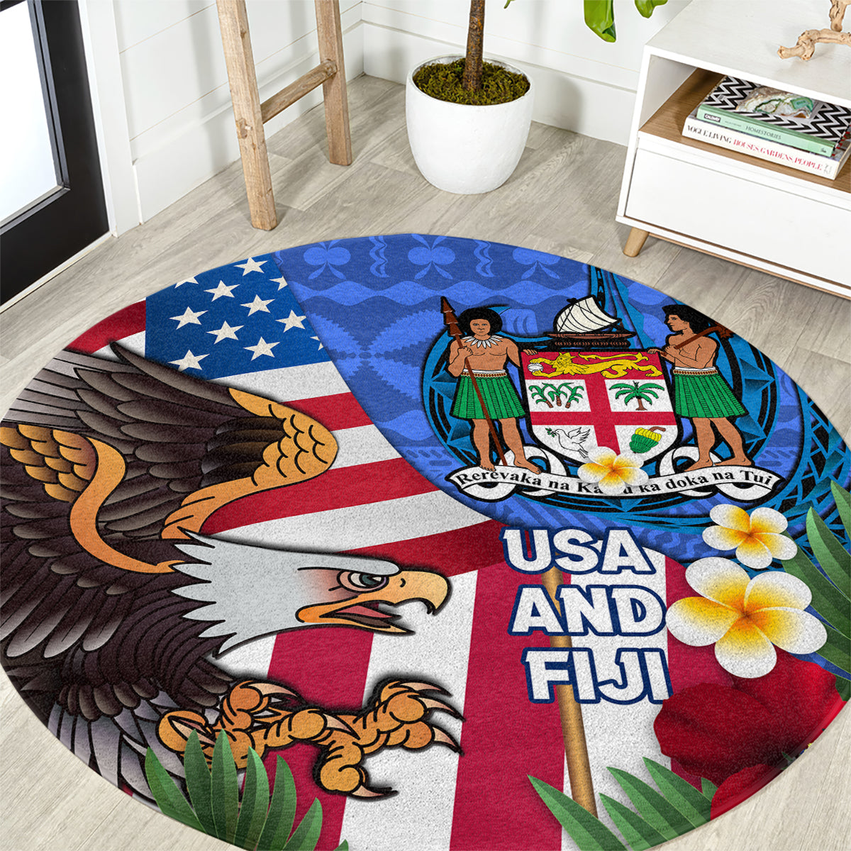 United States And Fiji Round Carpet USA Flag Eagle Mix Fijian Coat Of Arms Tapa Pattern LT14 Blue - Polynesian Pride