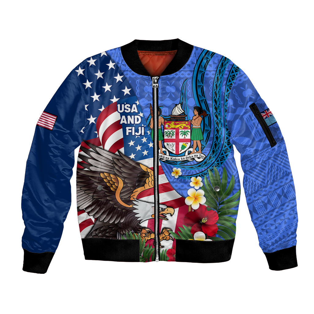 United States And Fiji Sleeve Zip Bomber Jacket USA Flag Eagle Mix Fijian Coat Of Arms Tapa Pattern LT14 Unisex Blue - Polynesian Pride