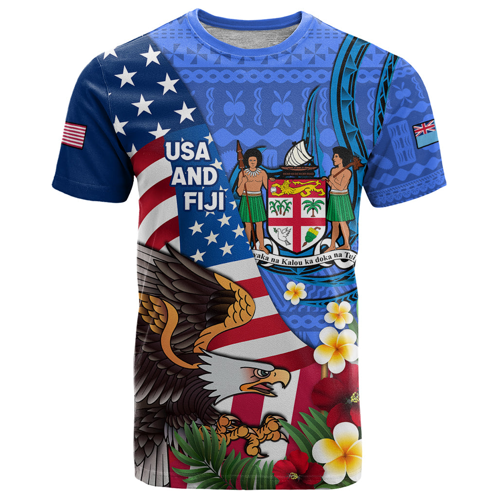 United States And Fiji T Shirt USA Flag Eagle Mix Fijian Coat Of Arms Tapa Pattern LT14 Blue - Polynesian Pride