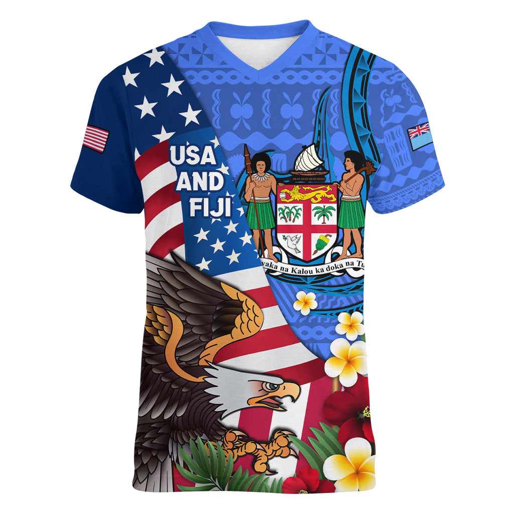 United States And Fiji Women V Neck T Shirt USA Flag Eagle Mix Fijian Coat Of Arms Tapa Pattern LT14 Female Blue - Polynesian Pride