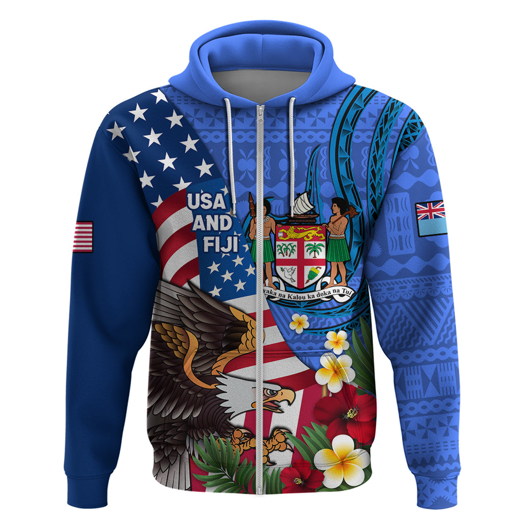 United States And Fiji Zip Hoodie USA Flag Eagle Mix Fijian Coat Of Arms Tapa Pattern LT14 Zip Hoodie Blue - Polynesian Pride