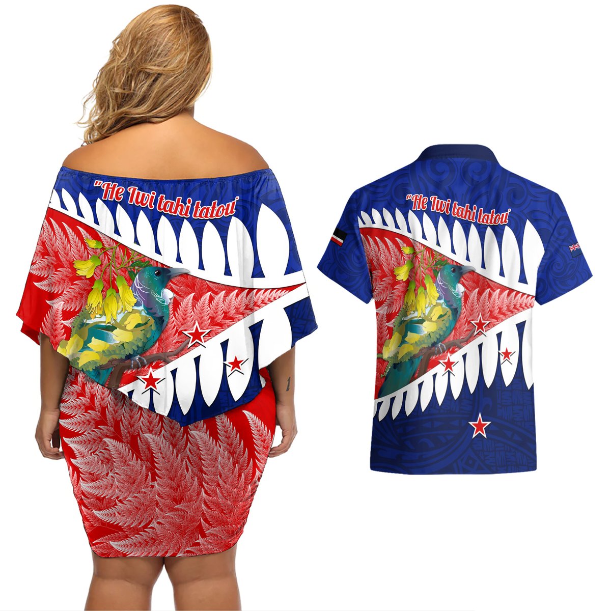 New Zealand Waitangi Day Couples Matching Off Shoulder Short Dress and Hawaiian Shirt NZ Maori Tui Bird With Kowhai Flowers LT14 - Polynesian Pride