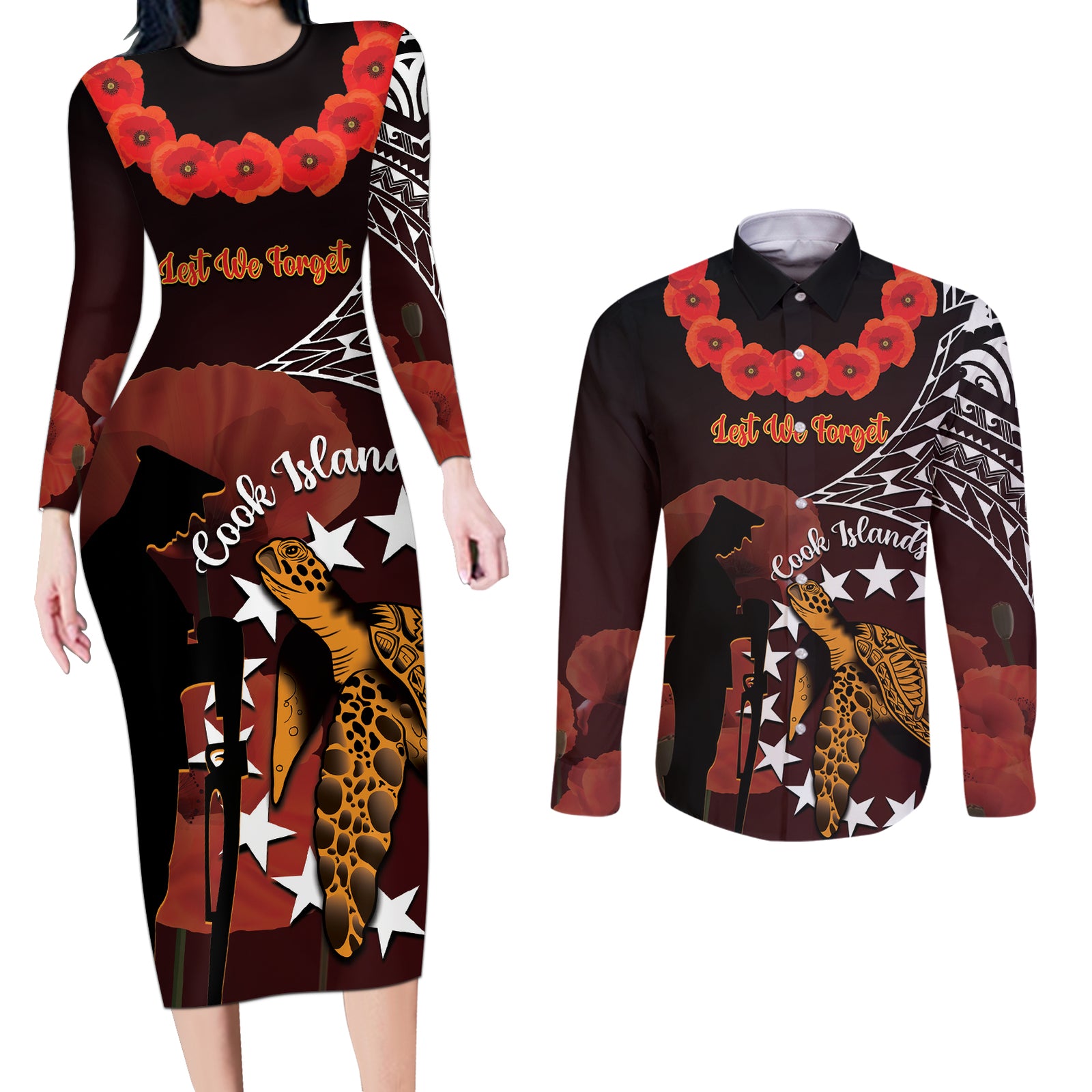 Cook Islands ANZAC Day Couples Matching Long Sleeve Bodycon Dress and Long Sleeve Button Shirt Poppies With Sea Turtle LT14 Red - Polynesian Pride
