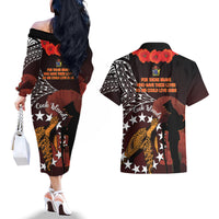 Cook Islands ANZAC Day Couples Matching Off The Shoulder Long Sleeve Dress and Hawaiian Shirt Poppies With Sea Turtle LT14 - Polynesian Pride