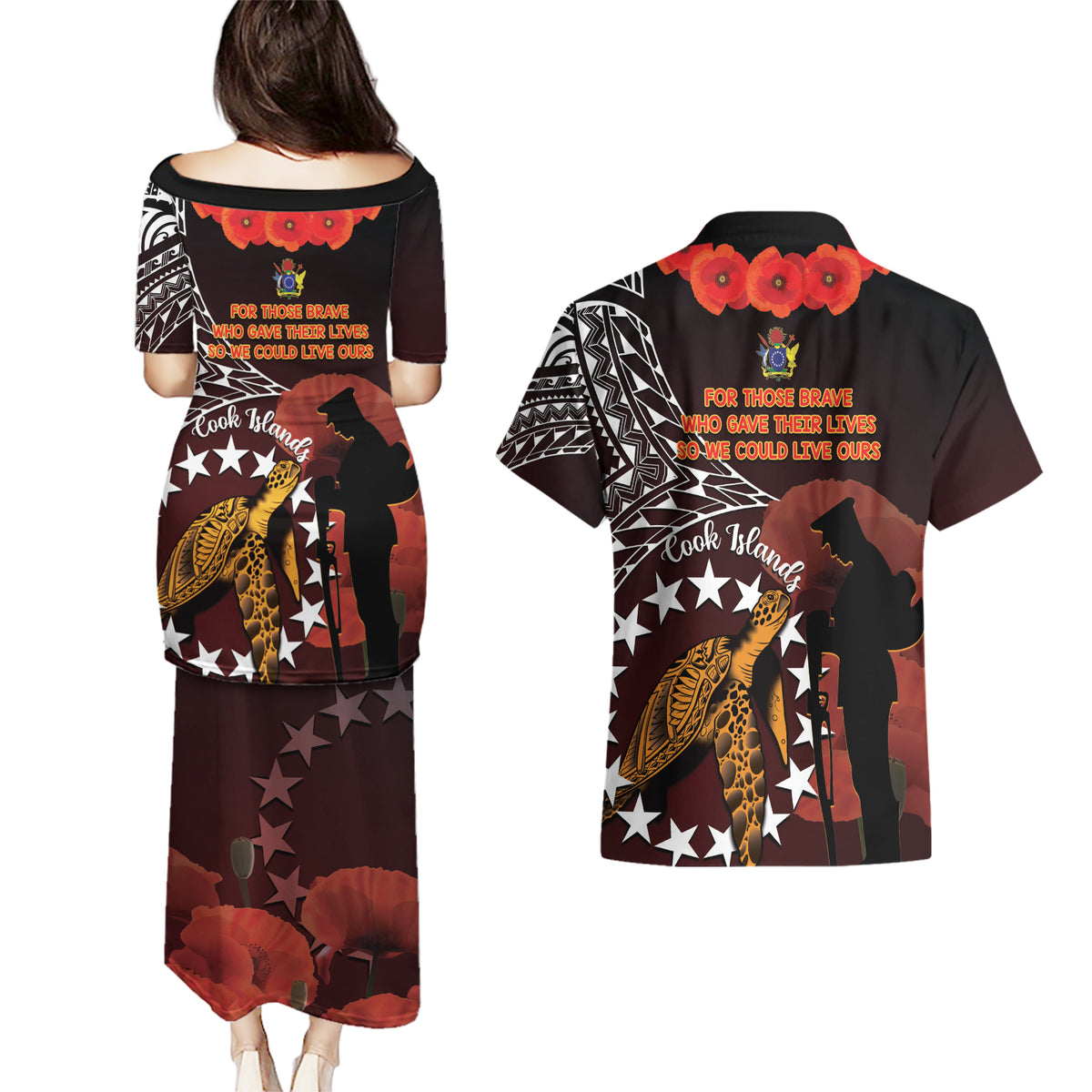 Cook Islands ANZAC Day Couples Matching Puletasi and Hawaiian Shirt Poppies With Sea Turtle LT14 - Polynesian Pride