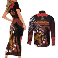 Cook Islands ANZAC Day Couples Matching Short Sleeve Bodycon Dress and Long Sleeve Button Shirt Poppies With Sea Turtle LT14 - Polynesian Pride
