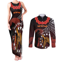 Cook Islands ANZAC Day Couples Matching Tank Maxi Dress and Long Sleeve Button Shirt Poppies With Sea Turtle LT14 Red - Polynesian Pride