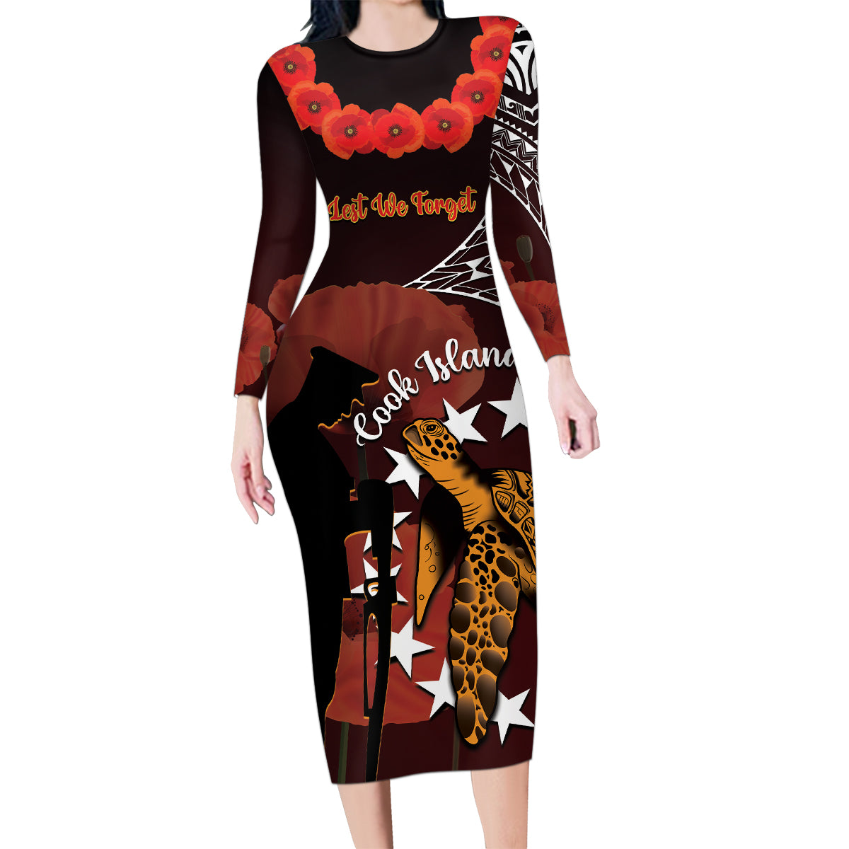 Cook Islands ANZAC Day Family Matching Long Sleeve Bodycon Dress and Hawaiian Shirt Poppies With Sea Turtle LT14 Mom's Dress Red - Polynesian Pride