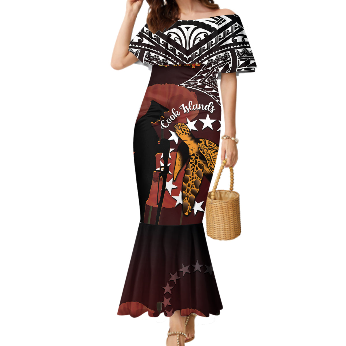 Cook Islands ANZAC Day Family Matching Mermaid Dress and Hawaiian Shirt Poppies With Sea Turtle LT14 Mom's Dress Red - Polynesian Pride