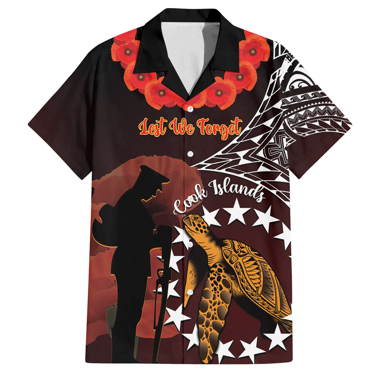 Cook Islands ANZAC Day Family Matching Off Shoulder Long Sleeve Dress and Hawaiian Shirt Poppies With Sea Turtle LT14 Dad's Shirt - Short Sleeve Red - Polynesian Pride