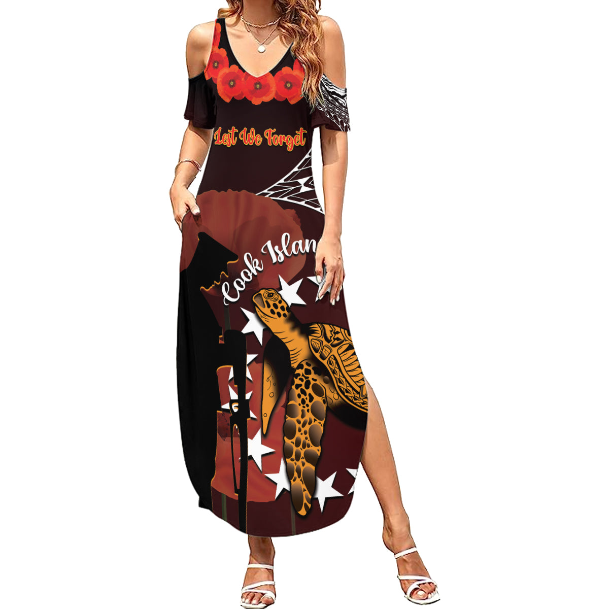 Cook Islands ANZAC Day Family Matching Summer Maxi Dress and Hawaiian Shirt Poppies With Sea Turtle LT14 Mom's Dress Red - Polynesian Pride