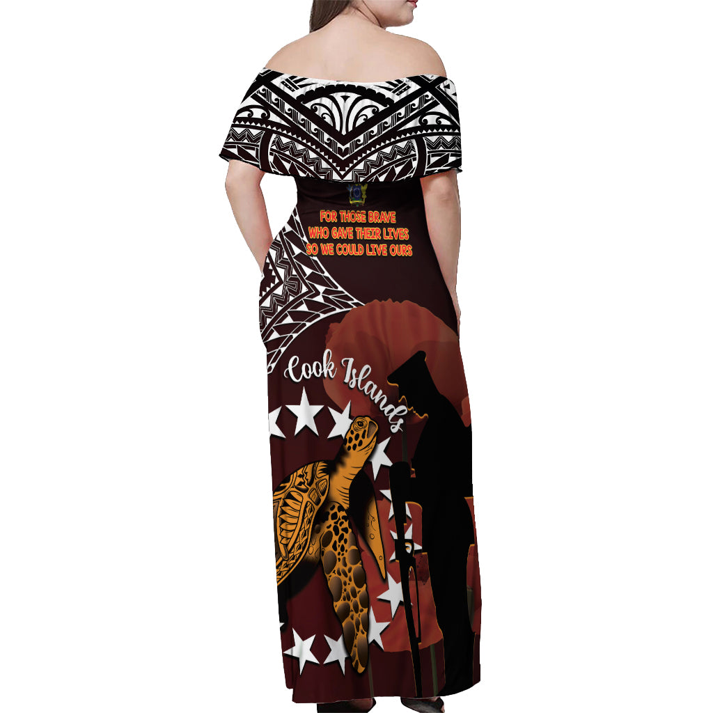 Cook Islands ANZAC Day Off Shoulder Maxi Dress Poppies With Sea Turtle LT14 - Polynesian Pride