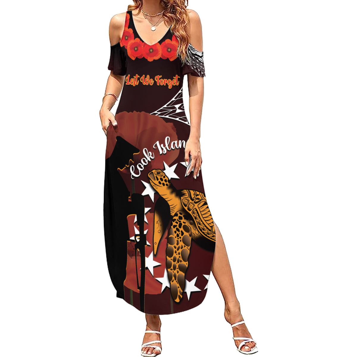 Cook Islands ANZAC Day Summer Maxi Dress Poppies With Sea Turtle LT14 Women Red - Polynesian Pride