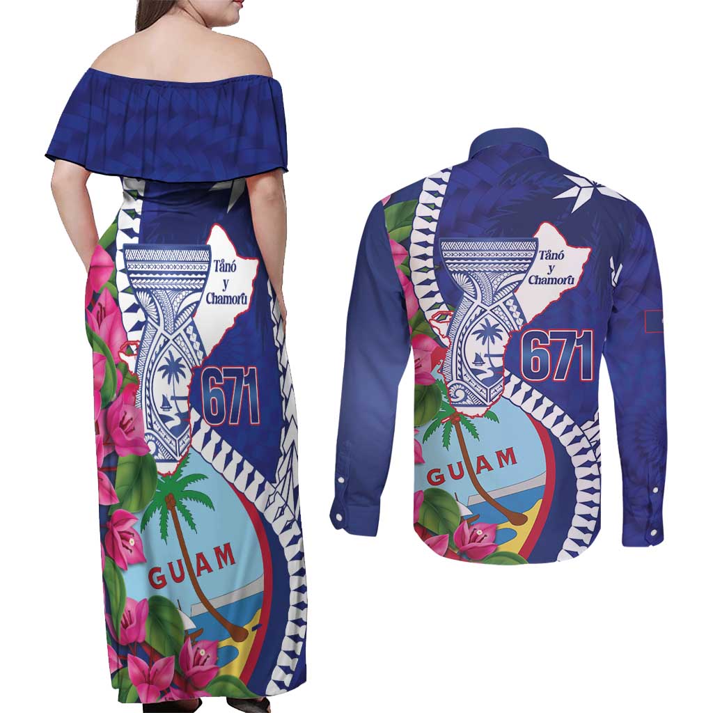 Biba Guam Liberation Day Couples Matching Off Shoulder Maxi Dress and Long Sleeve Button Shirt Tano y Chamoru Latte Stone Blue