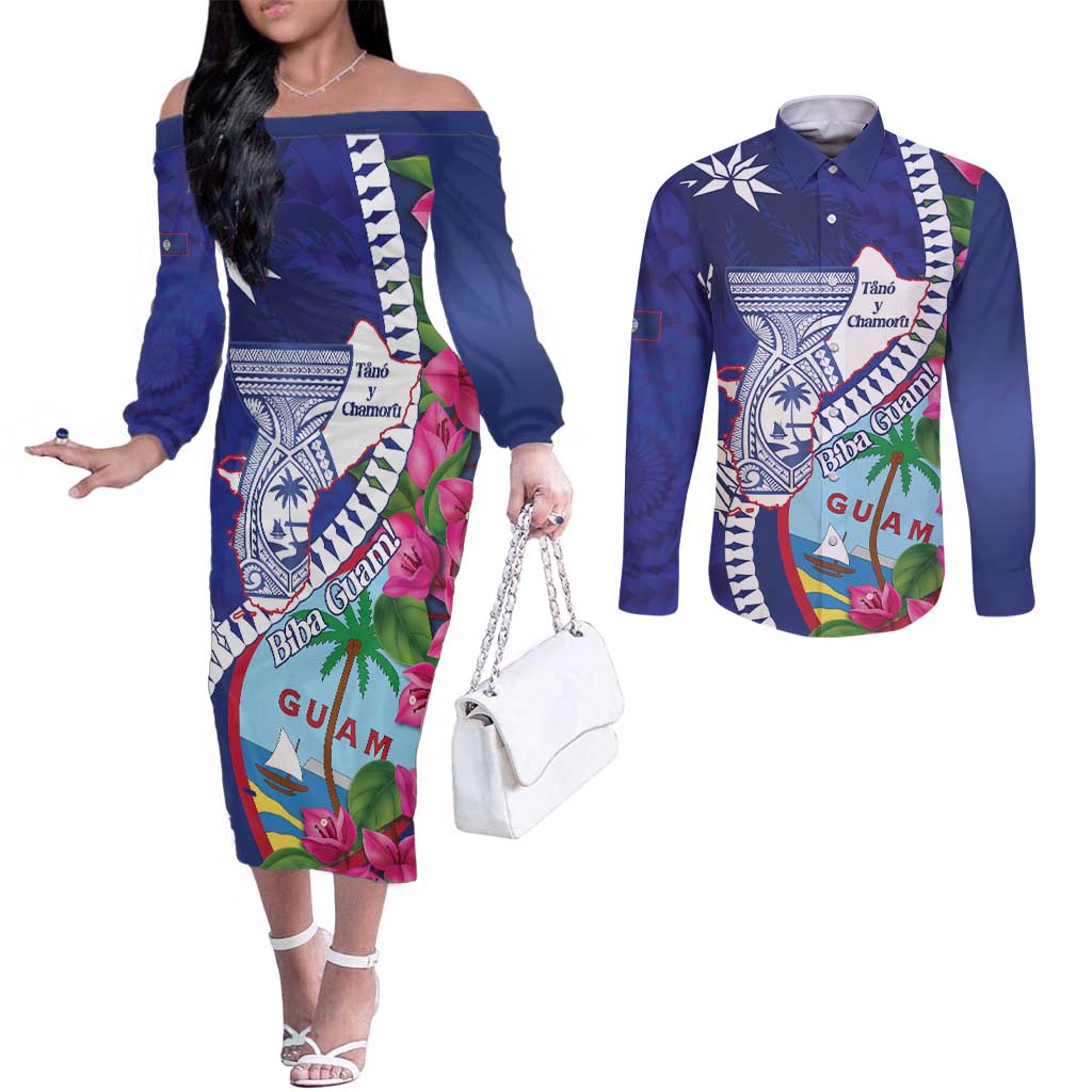 Biba Guam Liberation Day Couples Matching Off The Shoulder Long Sleeve Dress and Long Sleeve Button Shirt Tano y Chamoru Latte Stone Blue