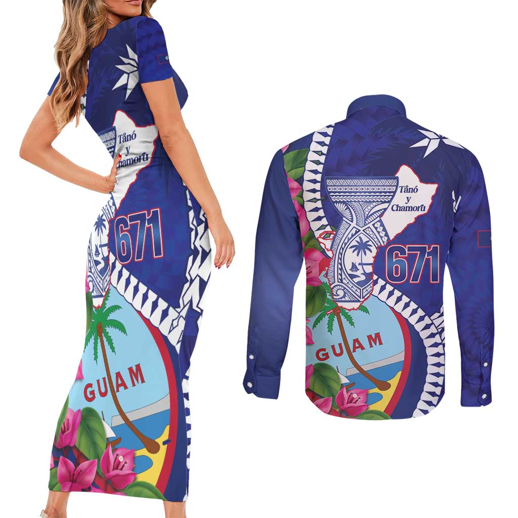 Biba Guam Liberation Day Couples Matching Short Sleeve Bodycon Dress and Long Sleeve Button Shirt Tano y Chamoru Latte Stone Blue