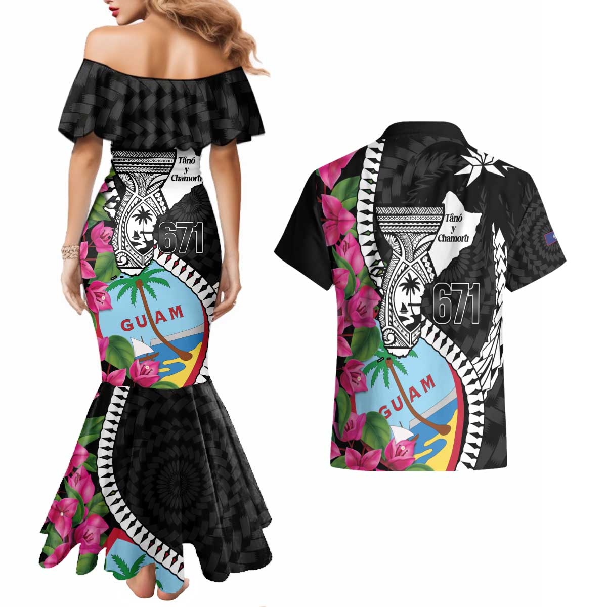 Biba Guam Liberation Day Couples Matching Mermaid Dress and Hawaiian Shirt Tano y Chamoru Latte Stone Black