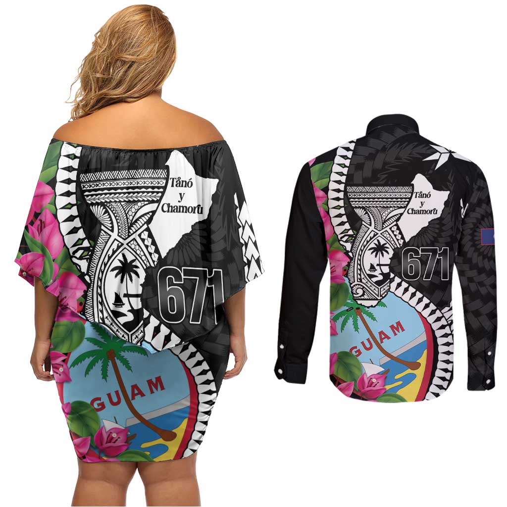 Biba Guam Liberation Day Couples Matching Off Shoulder Short Dress and Long Sleeve Button Shirt Tano y Chamoru Latte Stone Black