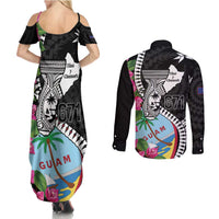 Biba Guam Liberation Day Couples Matching Summer Maxi Dress and Long Sleeve Button Shirt Tano y Chamoru Latte Stone Black