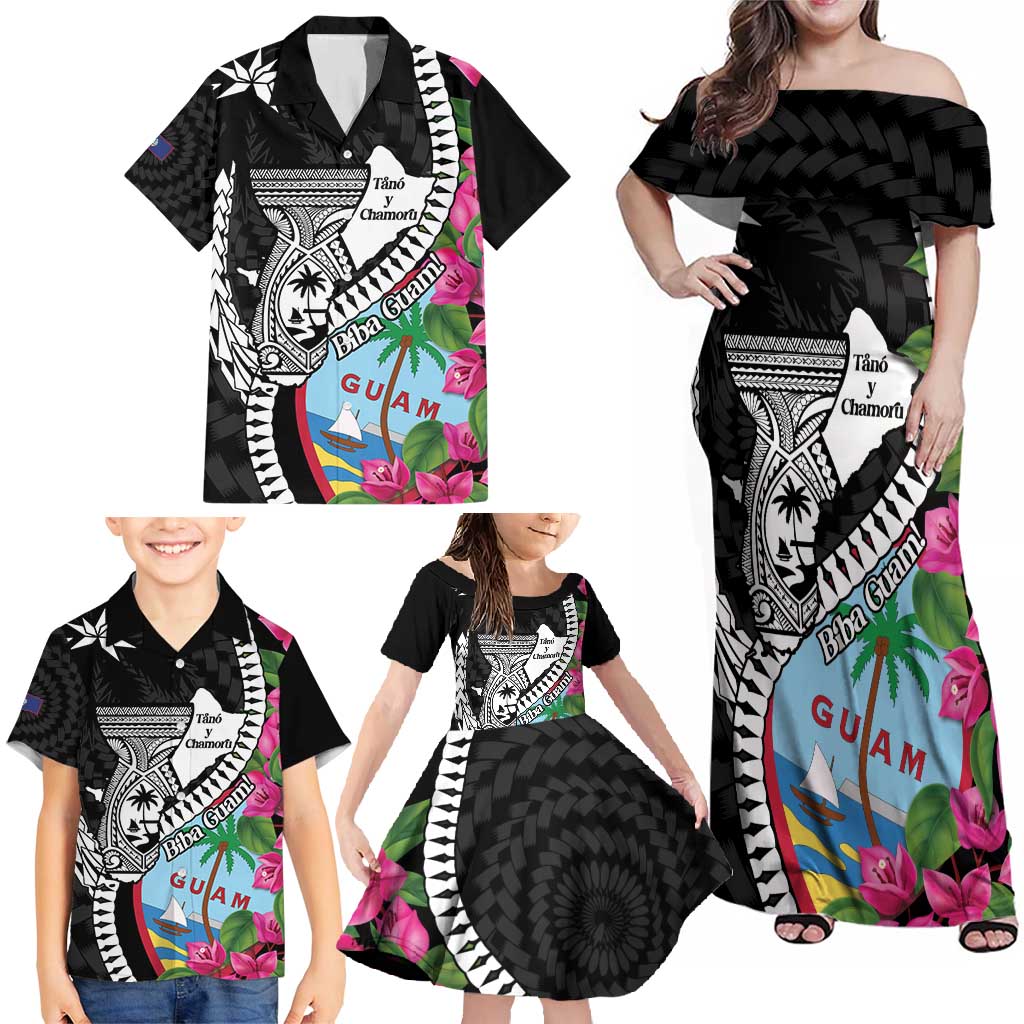 Biba Guam Liberation Day Family Matching Off Shoulder Maxi Dress and Hawaiian Shirt Tano y Chamoru Latte Stone Black