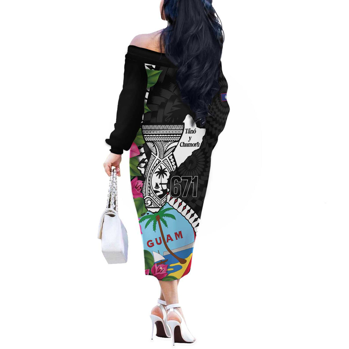 Biba Guam Liberation Day Off The Shoulder Long Sleeve Dress Tano y Chamoru Latte Stone Black