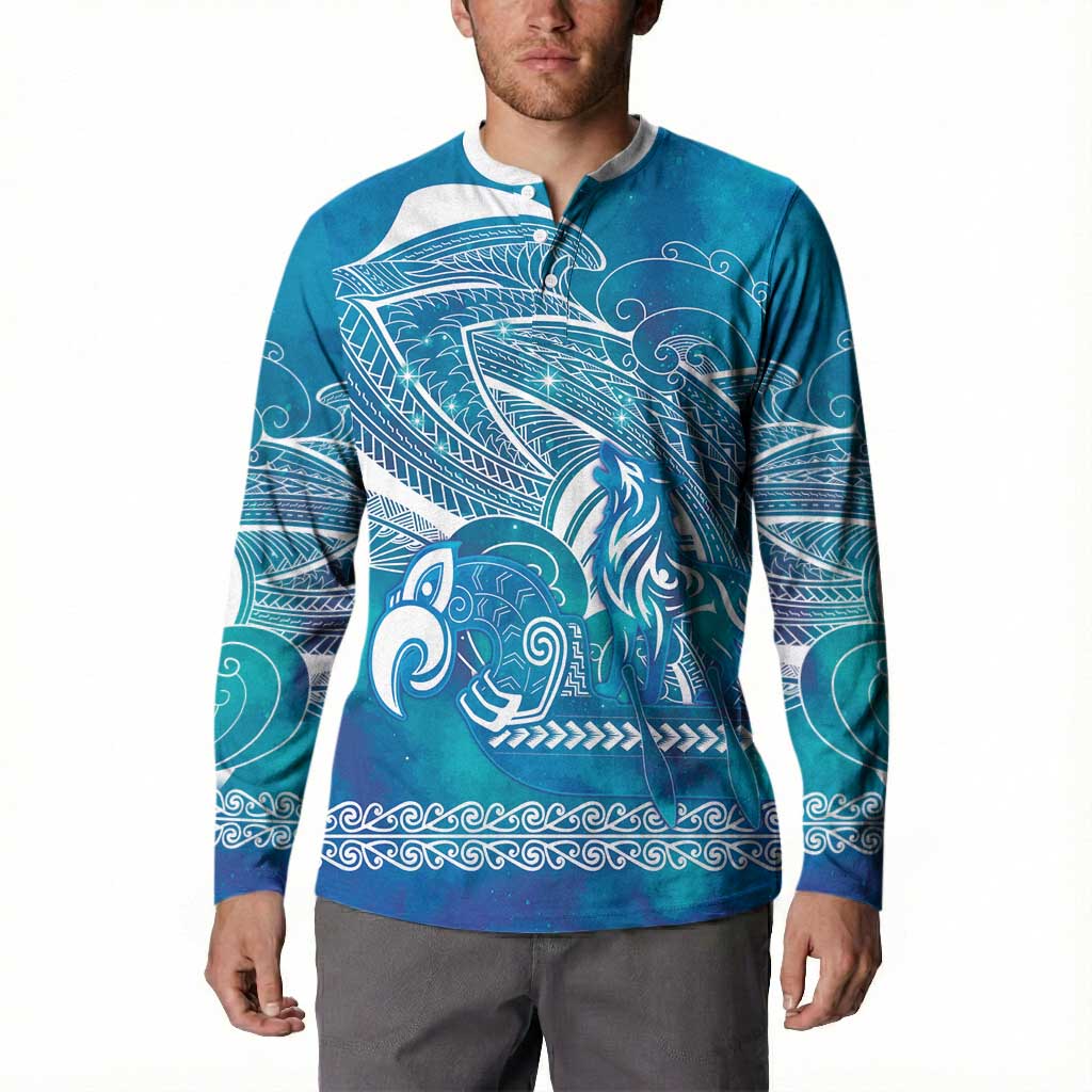 Kuri Dog Waka New Zealand Matariki Button Sweatshirt Ocean Sharks Maori Tattoo