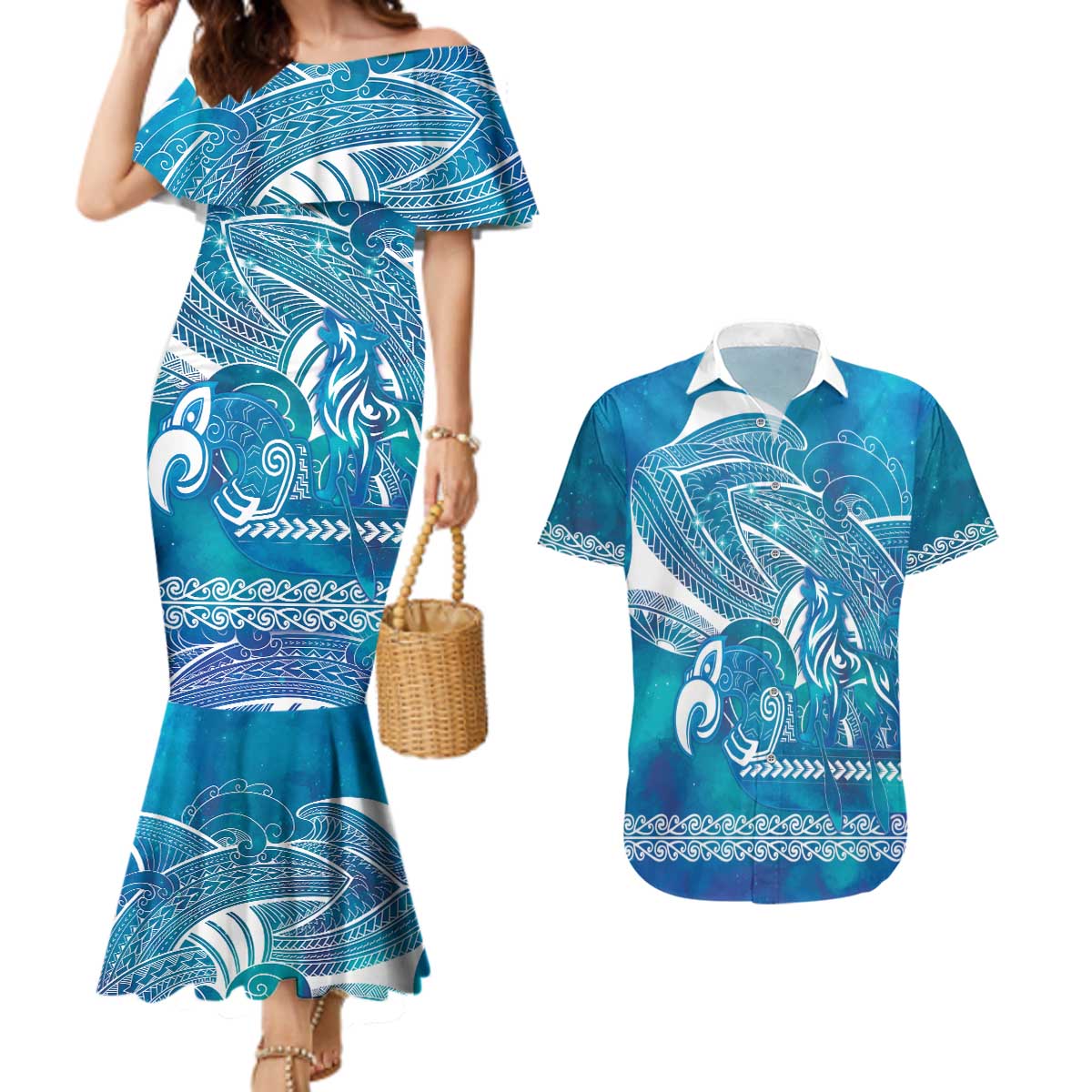 Kuri Dog Waka New Zealand Matariki Couples Matching Mermaid Dress and Hawaiian Shirt Ocean Sharks Maori Tattoo